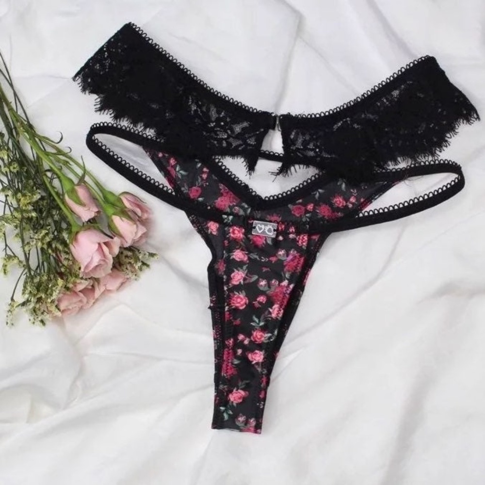 For Love And Lemons Melrose Thong Panty Black Floral Large NEW